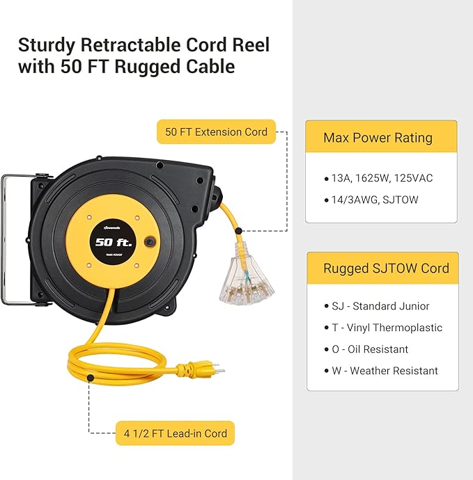 DEWENWILS Retractable Extension Cord Reel, 50FT Power Cord Reel - Image 4