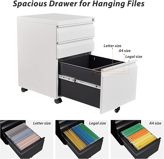 3 Drawer File Cabinet with Wheels, Metal Filing Cabinet with Lock, Office - Image 7