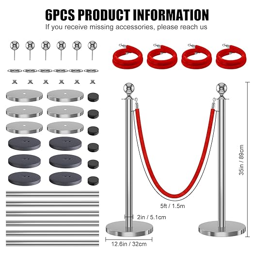 kaiyomi 6Pcs Stanchions with Red Velvet Ropes Set, 5 Feet Velvet Ropes and - Image 2