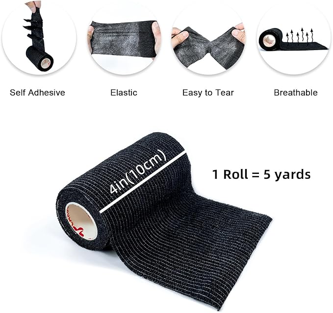 Black- Self Adhesive Cohesive Bandage Wrap, Self Adherant Non-Woven Wrap Rolls - Image 2
