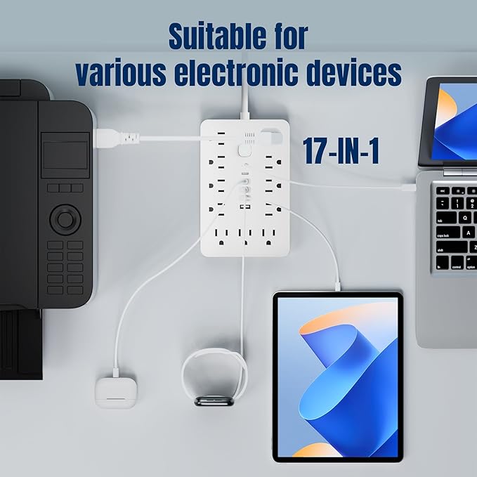 20 FT Flat Plug Surge Protector Power Strip, 11 Multiple AC Outlets - Image 7