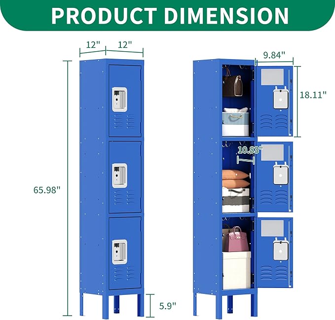3 Tier Metal Lockers for Employees 66" Blue Storage Locker - Image 3