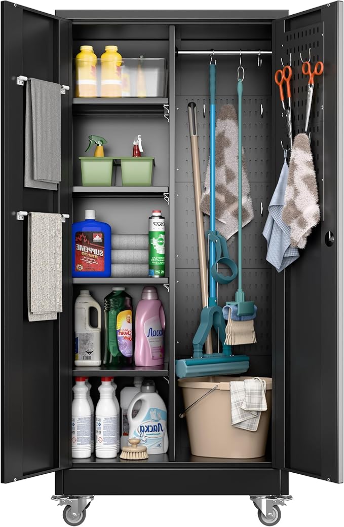 Aobabo Metal Broom Closet Storage Cabinet on Wheels and 2 Lockable Doors by Aobabo