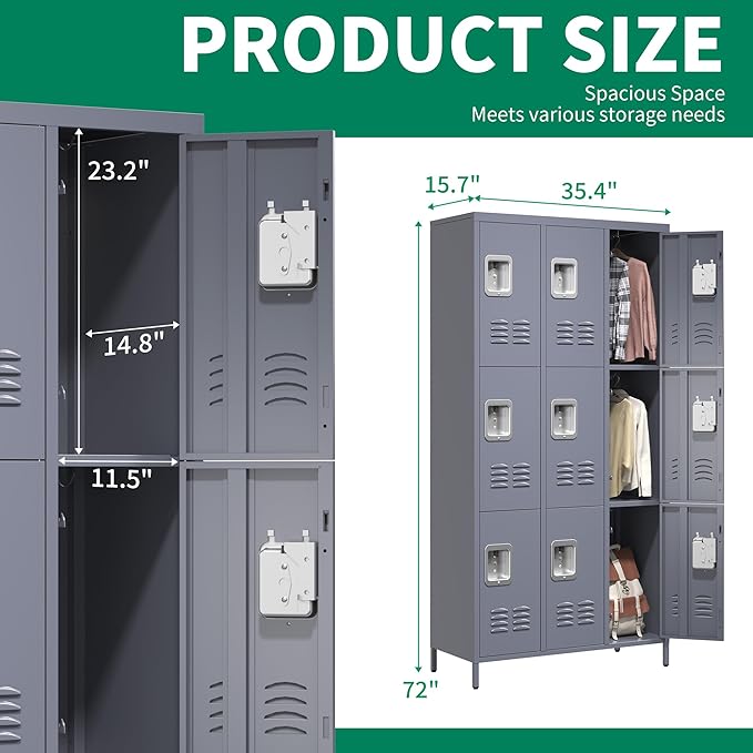 72" Tall Emplyee Locker with Shelves and Hooks 9 Doors Steel Sports Locker - Image 3