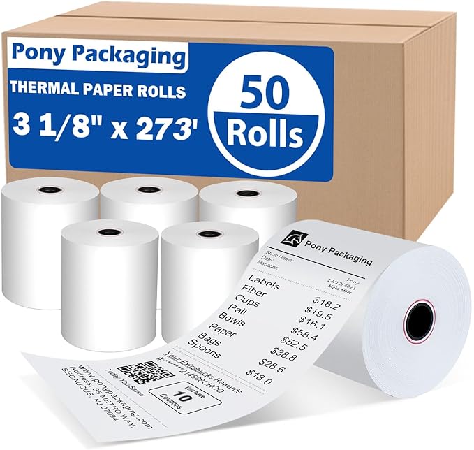 3 1/8 x 273 Thermal Paper Rolls, BPA Free Thermal Receipt Paper Rolls, Fits All by PonyPackaging