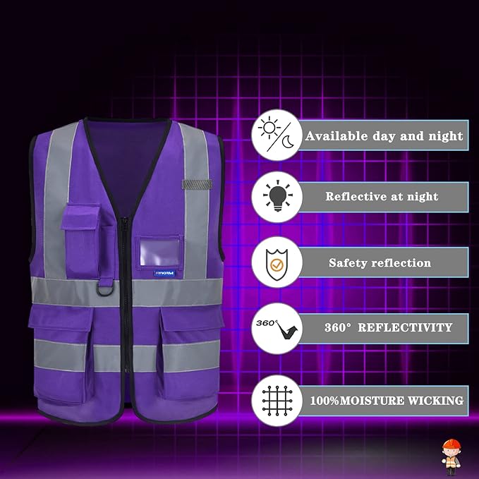 A-SAFETY Purple High visibility vest, Reflective Safety Vest Workwear 7 Pockets - Image 4