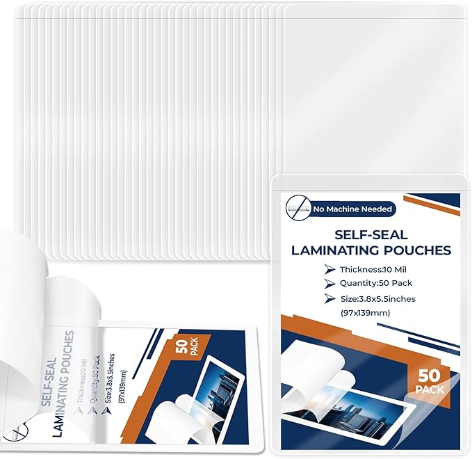 50 Pack 10 Mil 3"x5" Self Sealing Laminating Pouches Self Adhesive Lamination by Unknown
