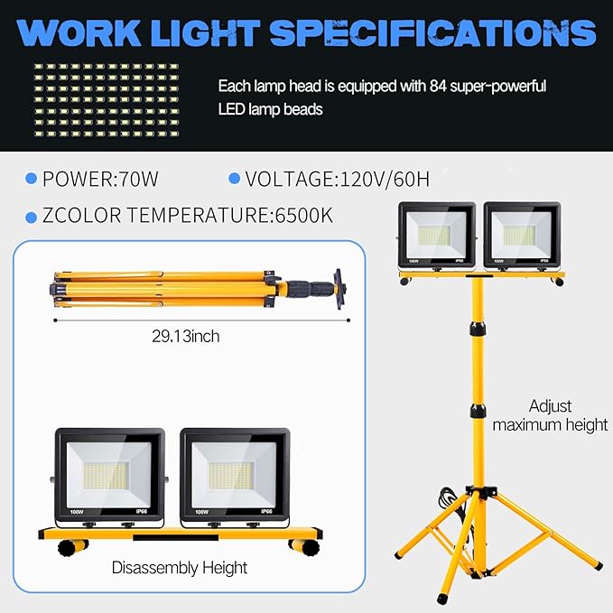 21000 Lumen Work Lights with Stand, 3 Adjustable Head LED Work Light, with - Image 5
