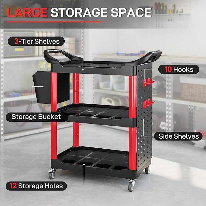 HOMCOM 3 Tier Utility Cart on Wheels, Rolling Tool Storage - Image 3