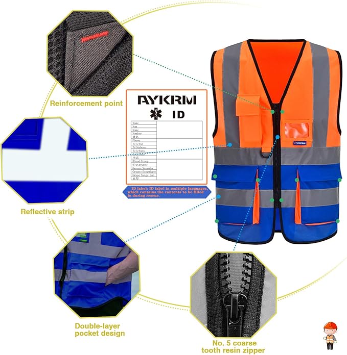 A-SAFETY Reflective Safety Vest, Hi Vis 9 Pockets High Visibility Zipper Front - Image 5