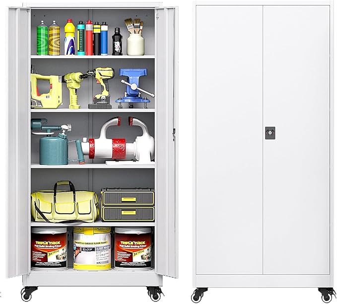 Metal Storage Cabinet with Wheels, Tall Garage Storage Cabinet with 4 - Image 3