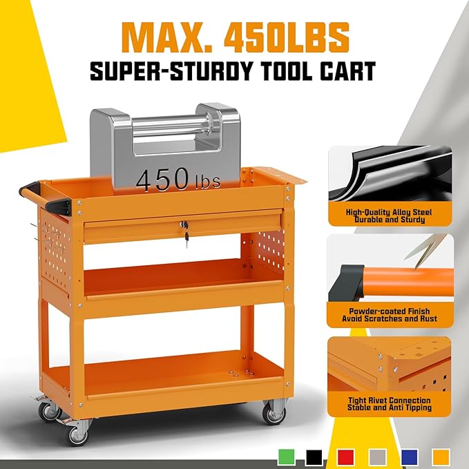 3 Tier Rolling Tool Cart on Wheels, 450 LBS Capacity Tool Cart - Image 4