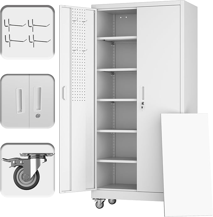 Metal Storage Cabinet with Wheels and Pegboard, Assembly Required by GANGMEIMENTALSTORAGECABINET