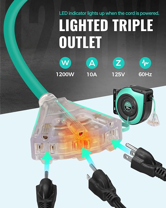 Retractable Cord Reel, 75 FT Heavy Duty Extension Cord, 14AWG/3C SJTOW - Image 7