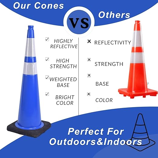 BESEA 8Pack 36” inch Traffic Cones Blue Road Parking Cones Construction Safety - Image 6