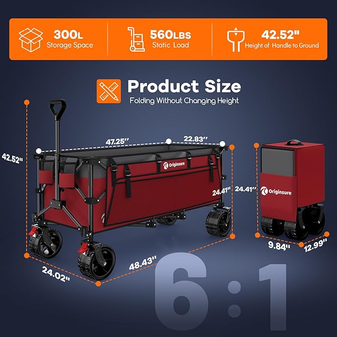 48" L Collapsible Wagon Cart Foldable, 560lbs Weight Capacity 300L Heavy Duty - Image 2