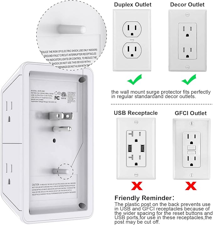 USB Wall Charger, Surge Protector, POWRUI 6-Outlet Extender - Image 4