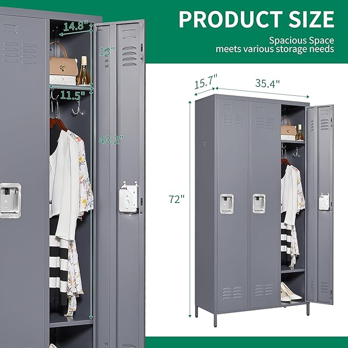 72" Tall Employee Locker with Shelves and Hooks 3 Doors Steel Sports Locker - Image 3