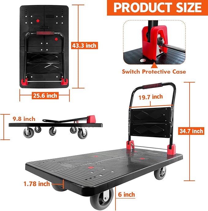 Platform Truck, Foldable Push Cart Dolly w/Five 360 Swivel 6'' Wheels, 1600LBS - Image 6