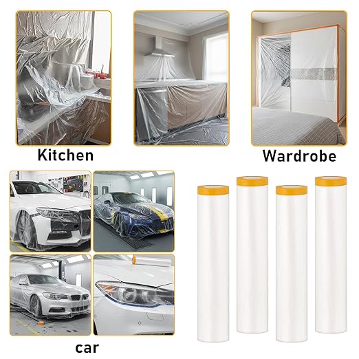 Pre-Taped Masking Film, 4 Rolls 8.8 x 65 Feet Plastic Sheeting, Painters Drop - Image 5