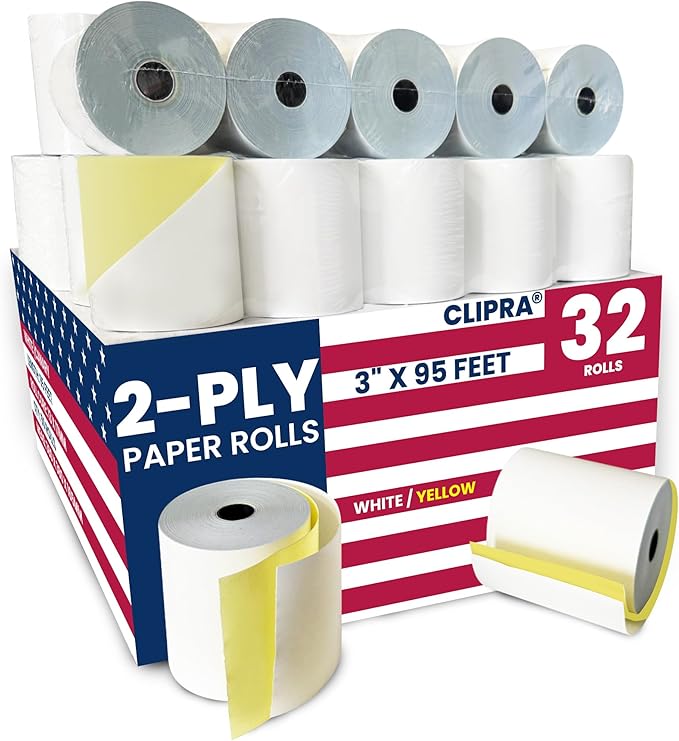 2 Ply Kitchen Printer Paper White/Yellow Carbonless Rolls 3” x 95 Feet Receipt by Clipra