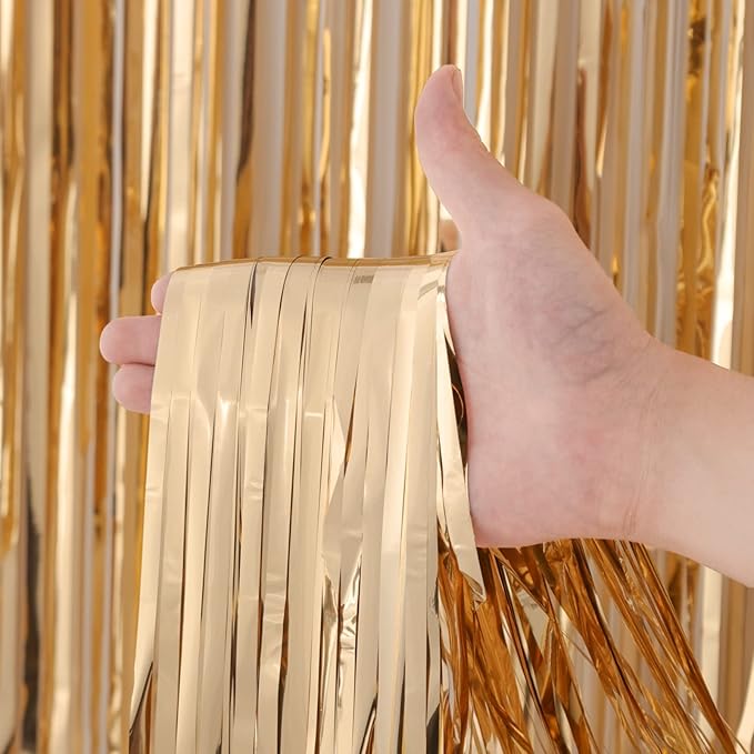 3 Pack 3.3x8.2 Feet Champagne Foil Fringe Backdrop Curtains, Tinsel Streamers - Image 2