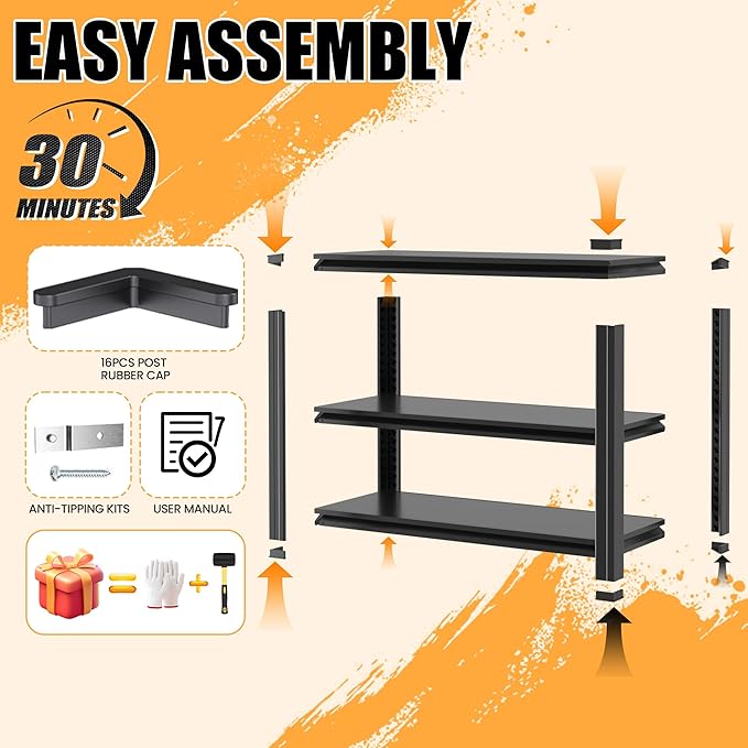 Heavy Duty Garage Shelving, Metal Storage Shelves, 3 Tier Adjustable Storage - Image 6