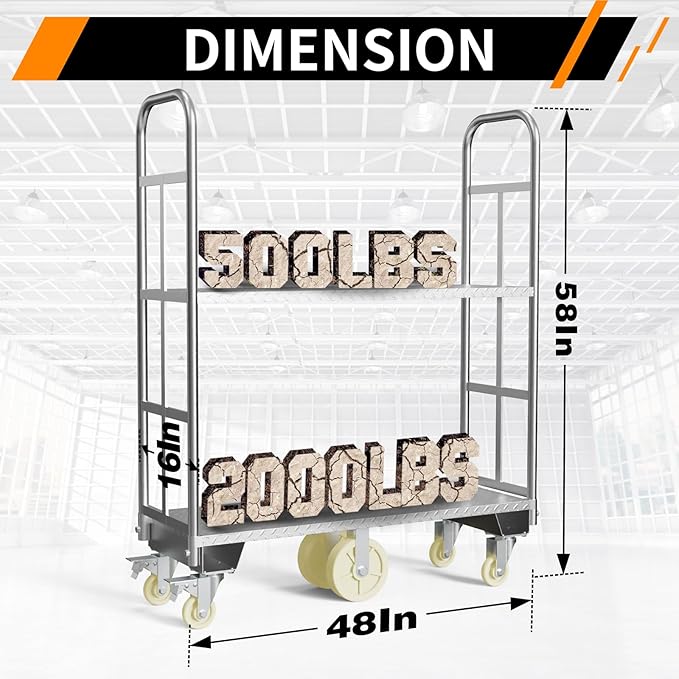 Two Tier U-Boat Platform Truck Cart, 16 x 48Inch Narrow Aisle Flatbed Truck - Image 3