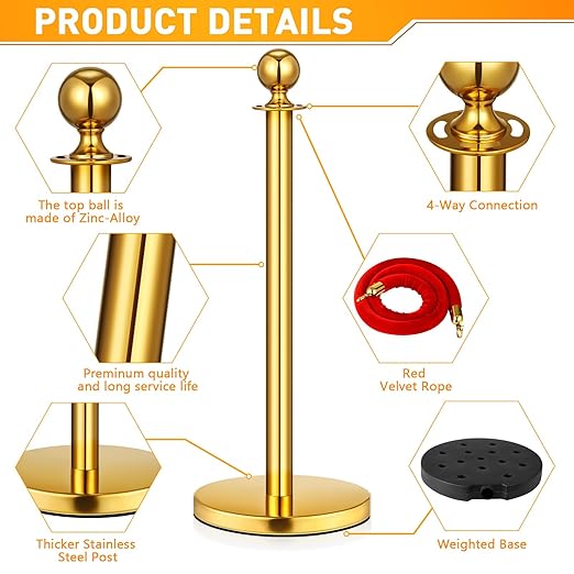 8 Pack Upgraded Stainless Steel Stanchions and Velvet Ropes 5FT Extended Red - Image 4