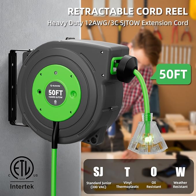 50 FT Retractable Extension Cord Reel, Heavy Duty 12AWG/3C SJTOW Power Cord - Image 2