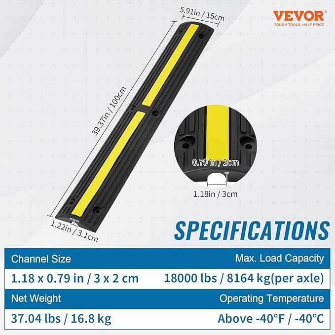 VEVOR 3.28 ft Cable Protector Ramp, 4 Pack of 1 Channel, 18000 lbs/axle - Image 7