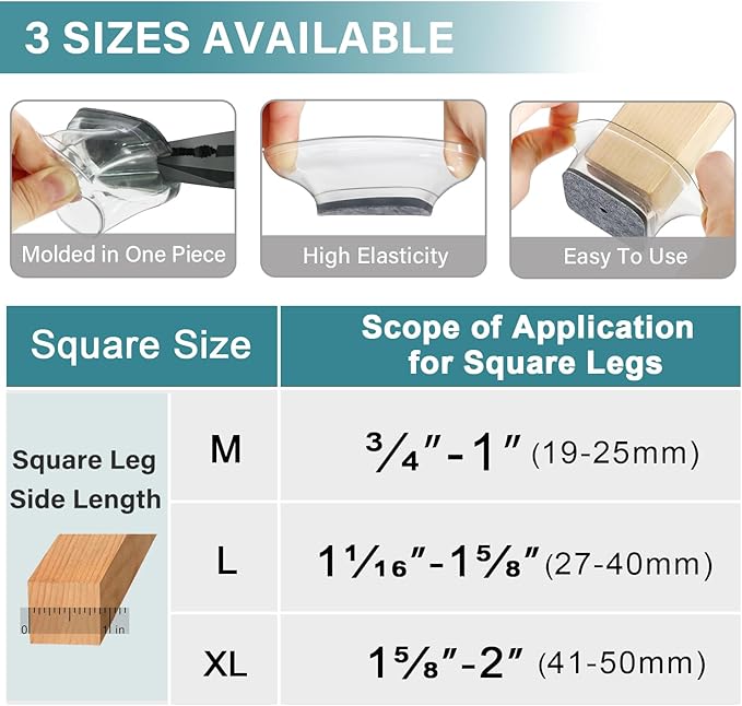 Ansible 24 Pcs Chair Leg Floor Protectors Square, Silicone Felt Furniture Leg - Image 5