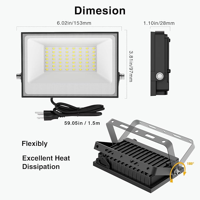 Onforu 40W Flood Lights Outdoor, 4000lm Bright LED Plug in Work Light, 6500K - Image 6