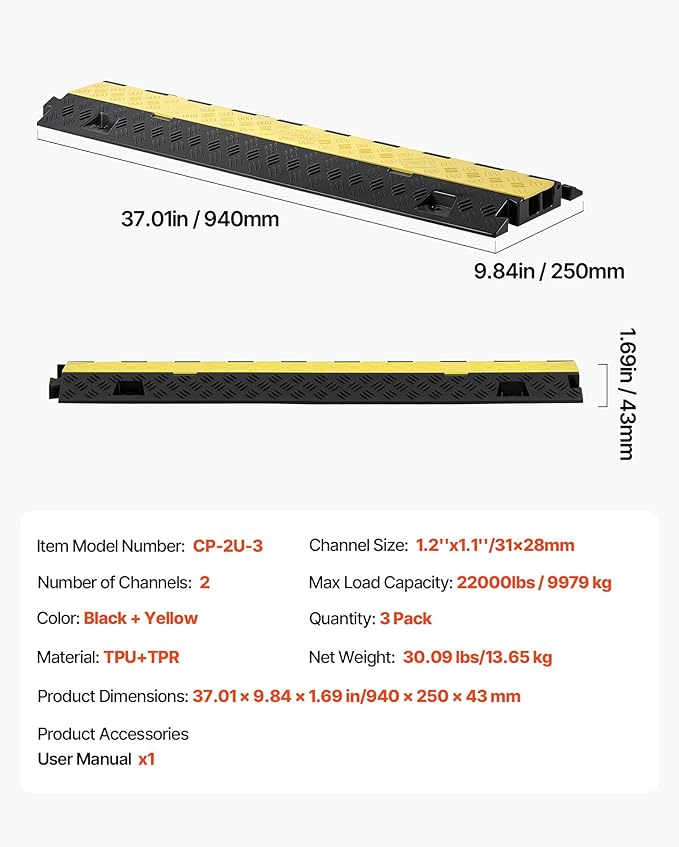 VEVOR 3 PCs Rubber Cable Protector Ramp, 2 Channel Heavy Duty TPU Floor Cord - Image 7