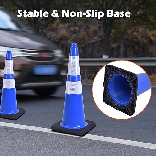 6 Pack 28 Inch Blue Reflective Traffic Cones, Durable Black Base Cones - Image 3