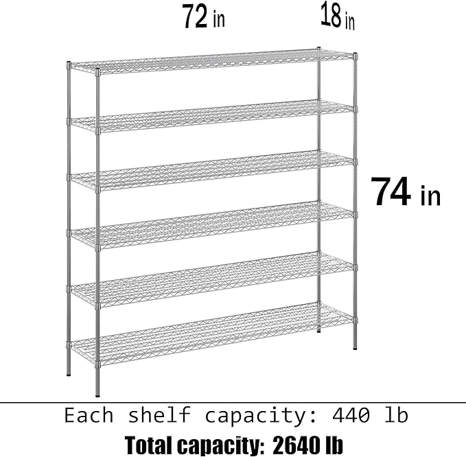18" Deep x 72" Wide x 74" Height Wire Shelving Kit | 6-Tier | NSF Commercial - Image 3