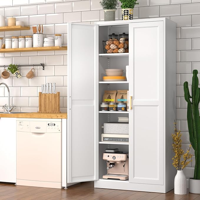 White Kitchen Pantry Cabinet, 71 Inch Tall Metal Storage Cabinet - Image 2