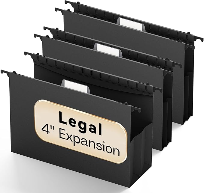 Extra Capacity Legal Size Plastic Hanging File Folders, Reinforced 4" Black by NORDUN