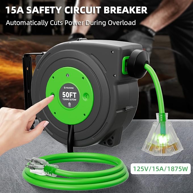 50 FT Retractable Extension Cord Reel, Heavy Duty 12AWG/3C SJTOW Power Cord - Image 6