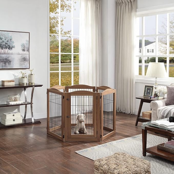 unipaws Pet Playpen with Wood and Wire, 6 Panels Extra Wide Freestanding Walk - Image 3