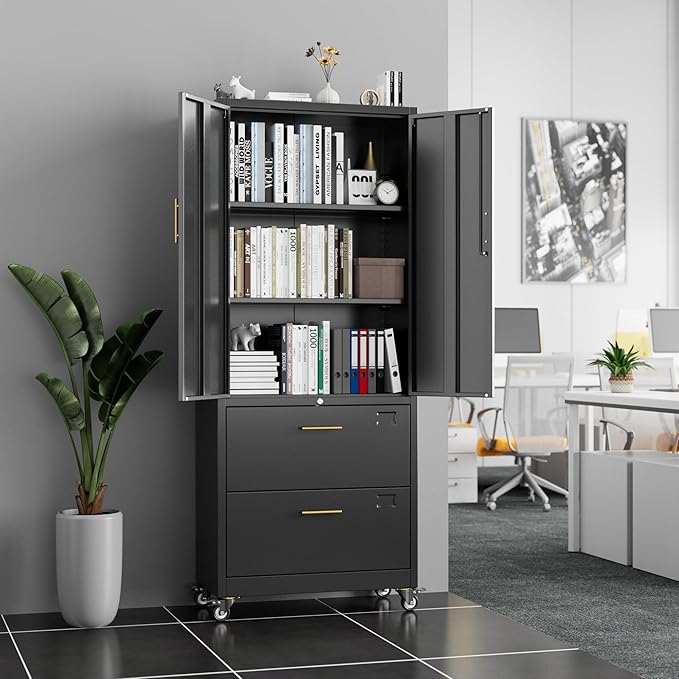METAN Metal File Cabinet with 2 Drawers and 2 Shelves, Office Filing Cabinet on - Image 2