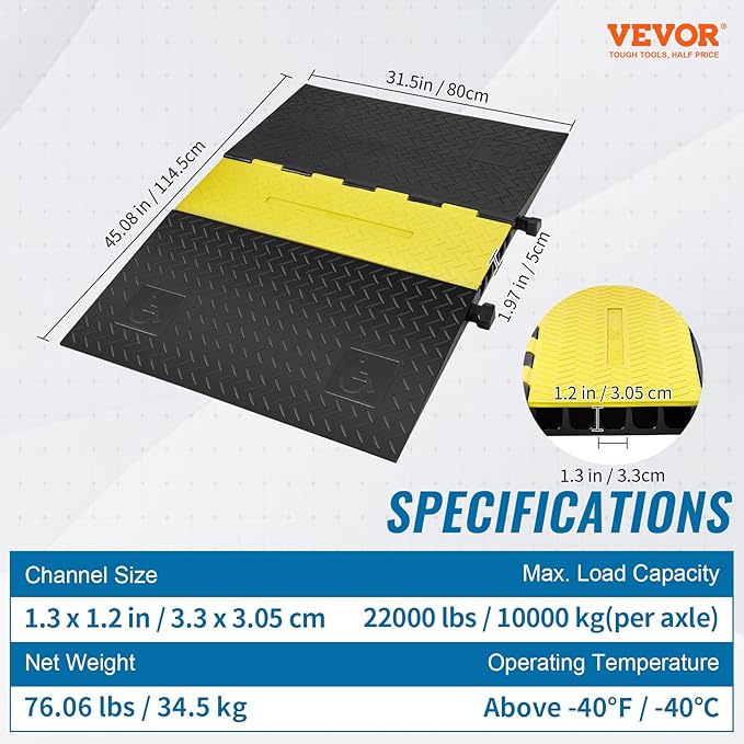 VEVOR 5 Channel Rubber Cable Protector Ramp, Heavy Duty 22000 lbs/axle Capacity - Image 7