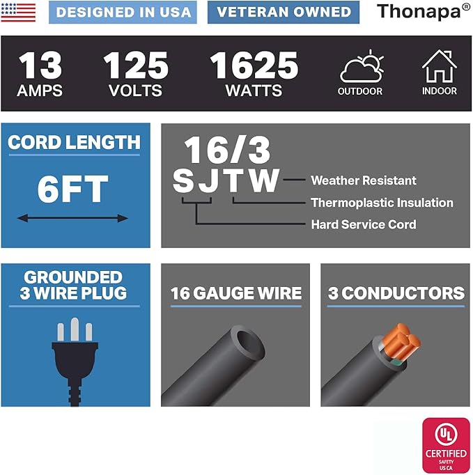 13 Amp Outdoor Extension Cord 6 ft, 16/3 SJTW 6 Foot Black Extension Cord 3 - Image 2