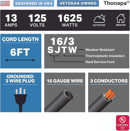 13 Amp Outdoor Extension Cord 6 ft, 16/3 SJTW 6 Foot Black Extension Cord 3 - Image 2