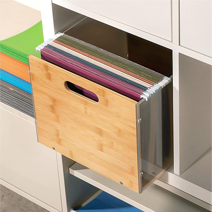 Clear Acrylic File Box Organizer, Bamboo Hanging Folder Storage Boxes, Filing - Image 5