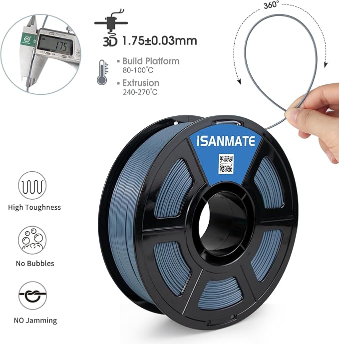 iSANMATE ASA Filament 1.75mm Bluish-Grey 1KG, UV & Weather Resistant 3D Printer - Image 2
