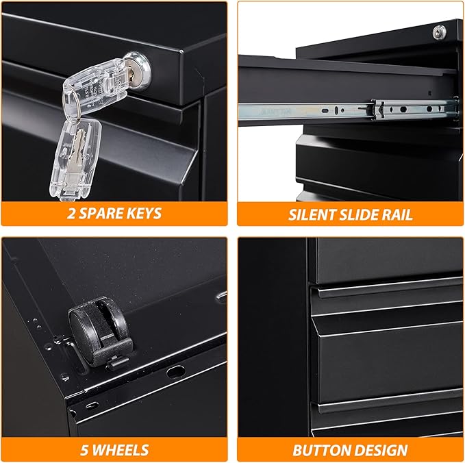3 Drawer File Cabinet with Wheels, Metal Filing Cabinet with Lock, Office - Image 6