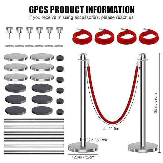kaiyomi 6Pcs Stanchions with Red Velvet Ropes Set, 5 Feet Velvet Ropes and - Image 2