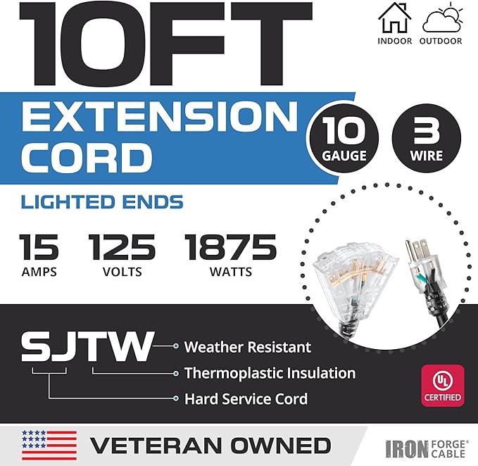 Iron Forge Cable 10 Gauge 10ft Lighted Outdoor Heavy Duty Extension Cord - 15 - Image 2