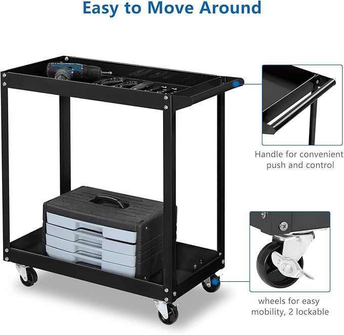 TUFFIOM 2 Tier Rolling Tool Cart on Wheels w/2 Brake, 220 LBS Capacity Heavy - Image 3